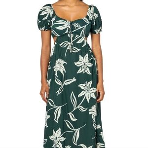 Green Floral Cutout Maxi Dress Puff Sleeve Cottagecore Boho Summer Dress L